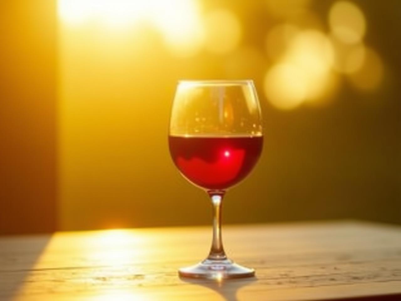 A glass of red wine in a warm, sunny setting, symbolizing moderate alcohol consumption and its potential health benefits.