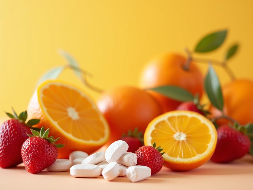 Close-up shot of different types of iron supplements (heme iron, ferrous sulfate) alongside colorful fruits and vegetables rich in vitamin C, like oranges and strawberries. The image is bright and inviting, emphasizing a natural approach to iron supplementation.