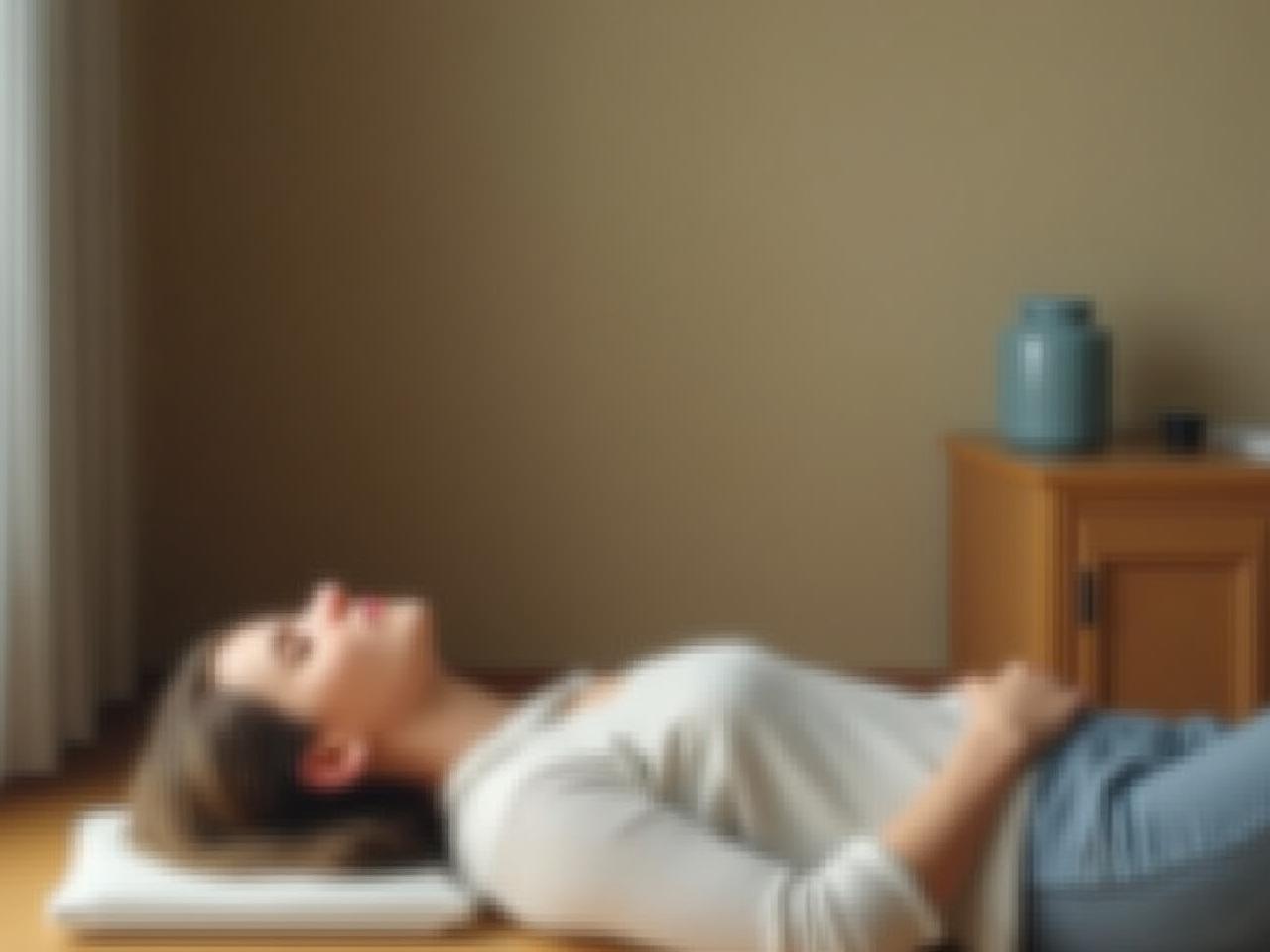 A person lying down with eyes closed, practicing body scan meditation in a peaceful setting.