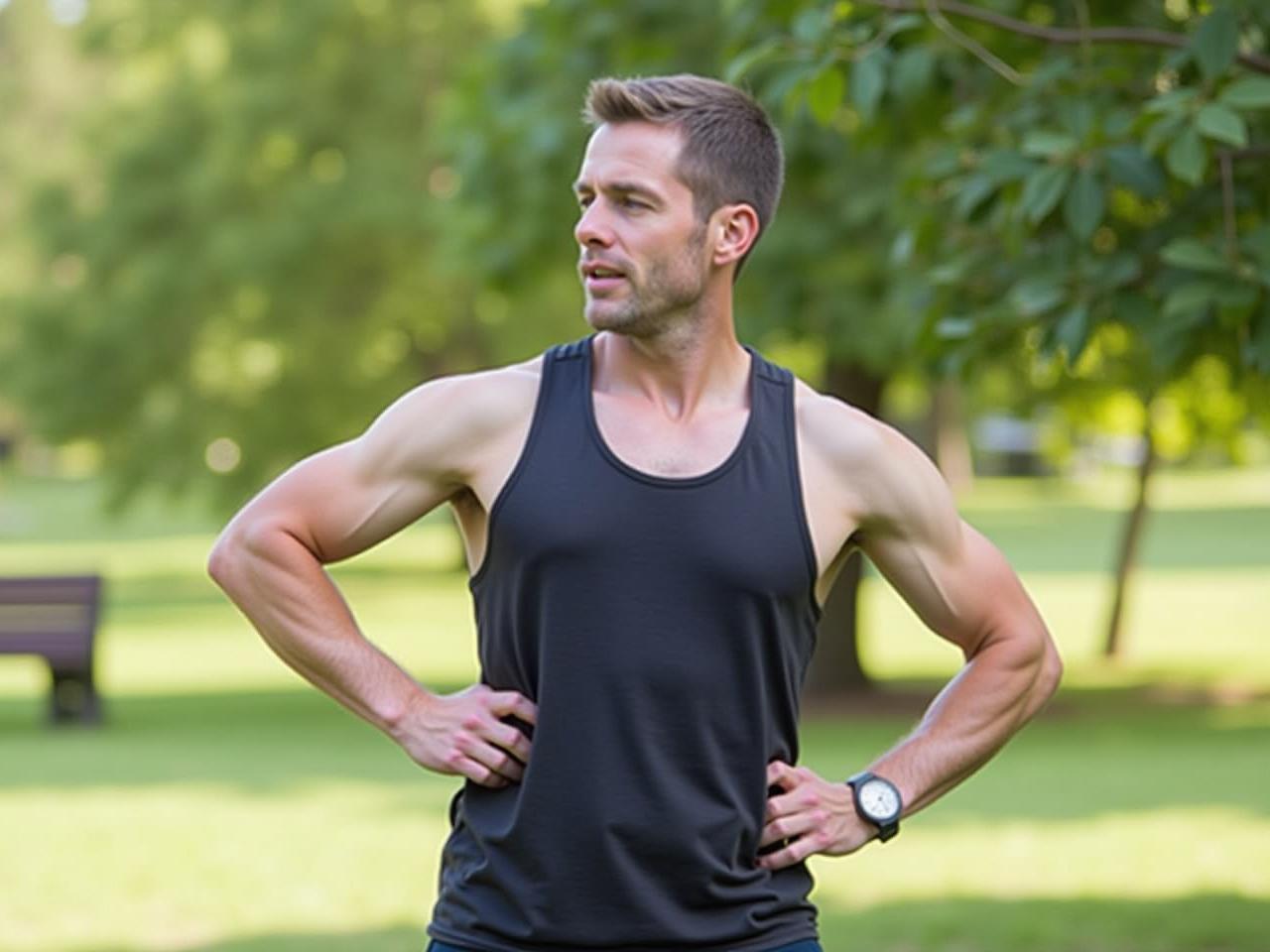 Person doing shoulder rotations exercise outdoors.
