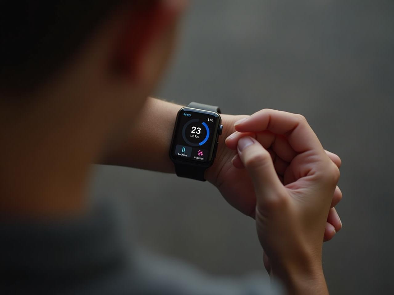 A person looking at their smartwatch and analyzing the data displayed on the screen, with a focus on health metrics.