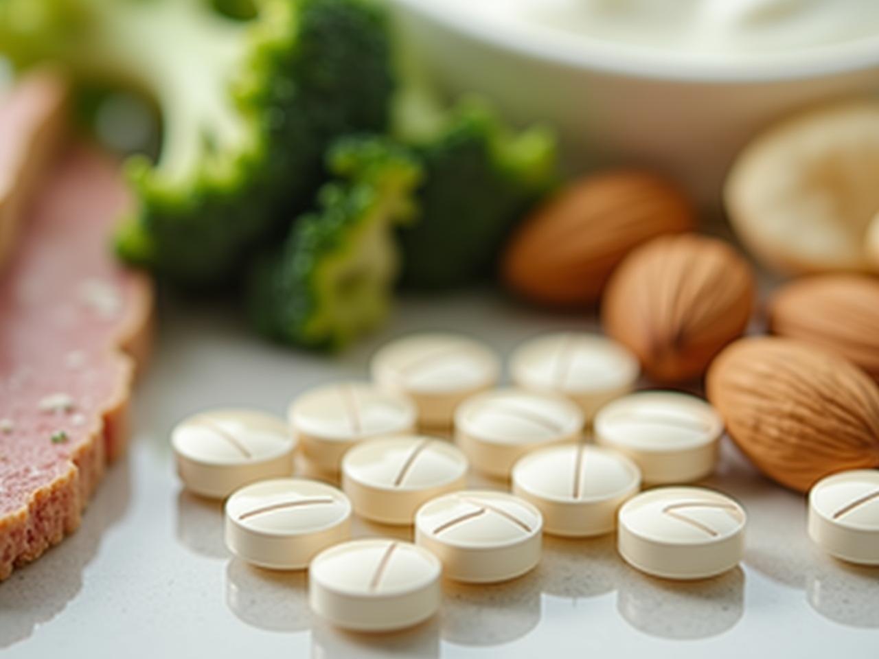Close-up shot of calcium supplement pills next to a plate of calcium-rich foods like broccoli, almonds, and yogurt.