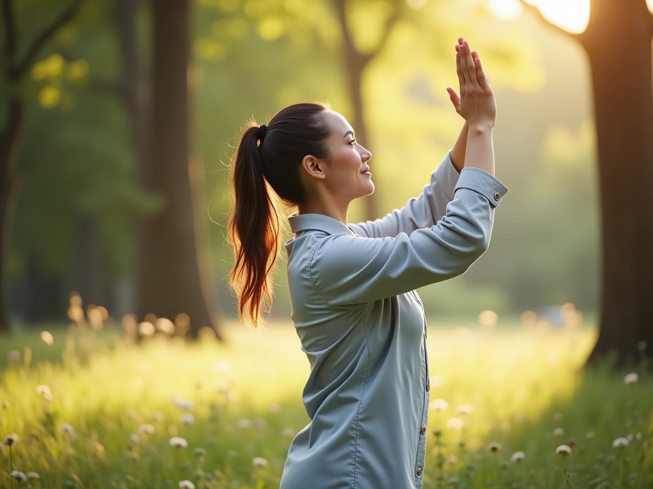 A woman practicing Qigong outdoors in a peaceful environment.