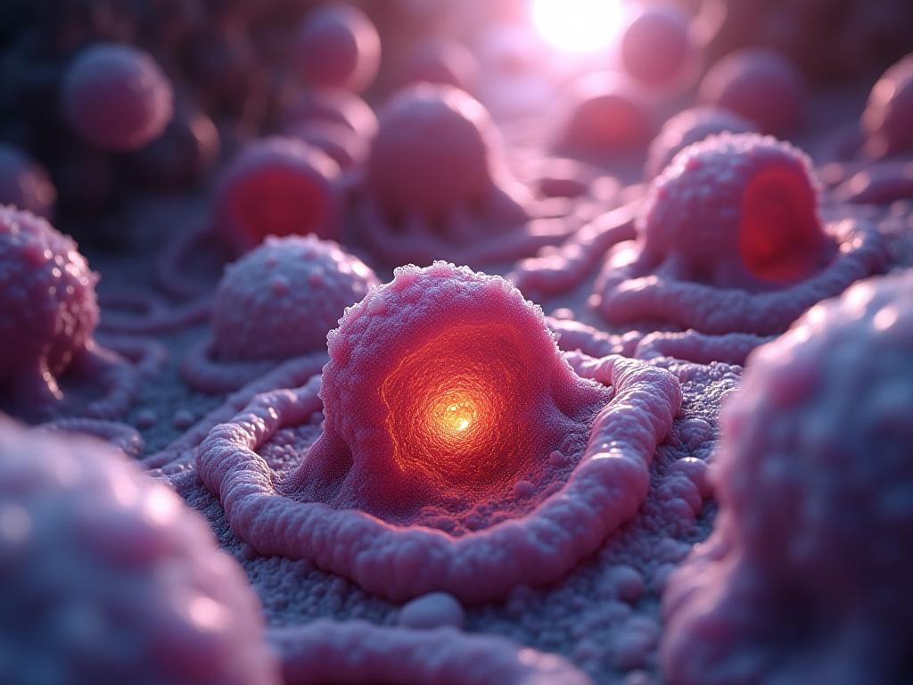 A microscopic view of cells undergoing autophagy, with emphasis on the cleaning and recycling process within the cells.