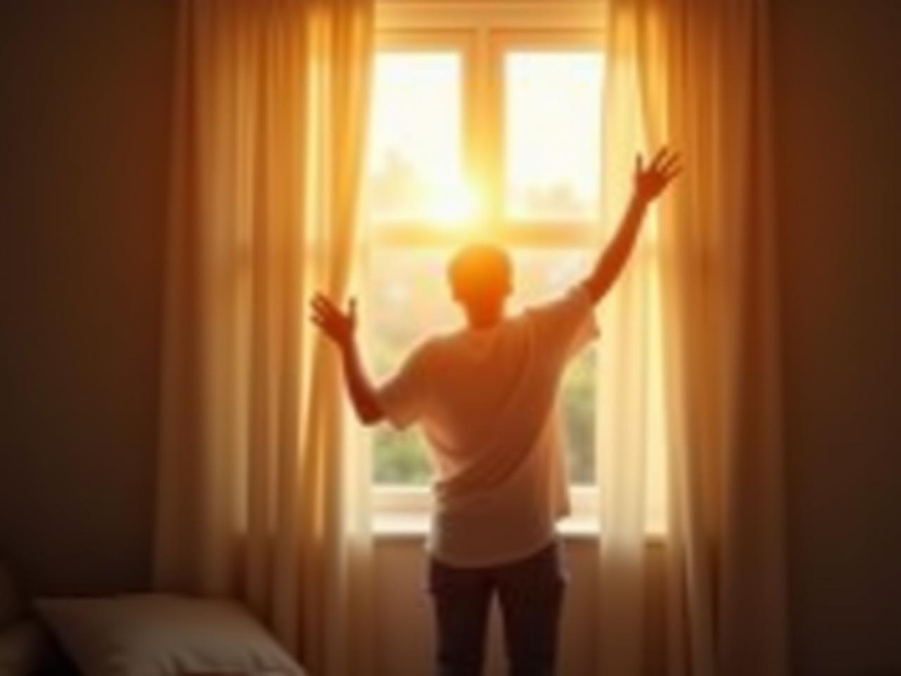 A person waking up in the morning and opening the curtains to let sunlight in, symbolizing the importance of morning light for sleep.