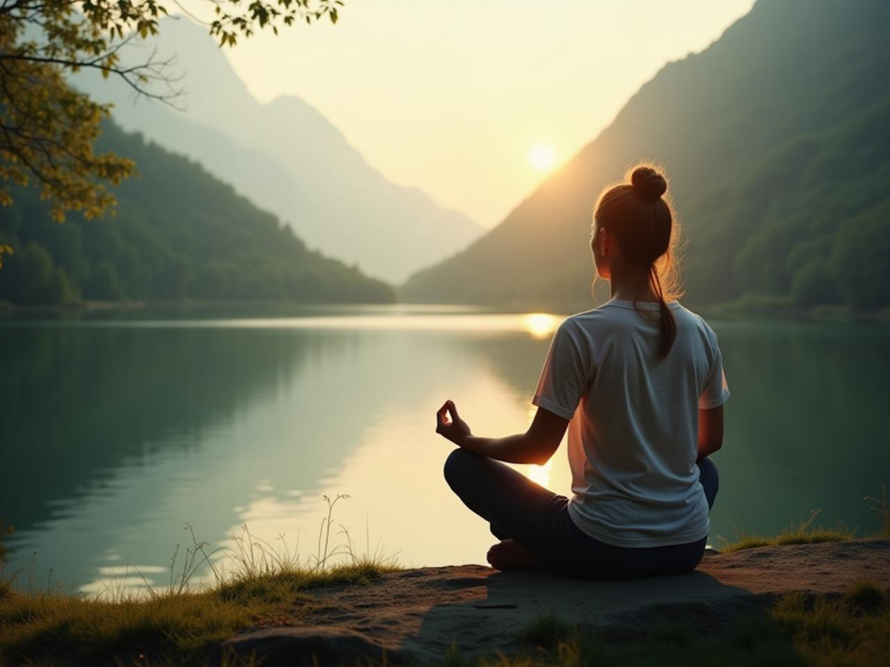 A peaceful scene with a person meditating by a serene lake, symbolizing stress reduction and mindfulness for telomere health.