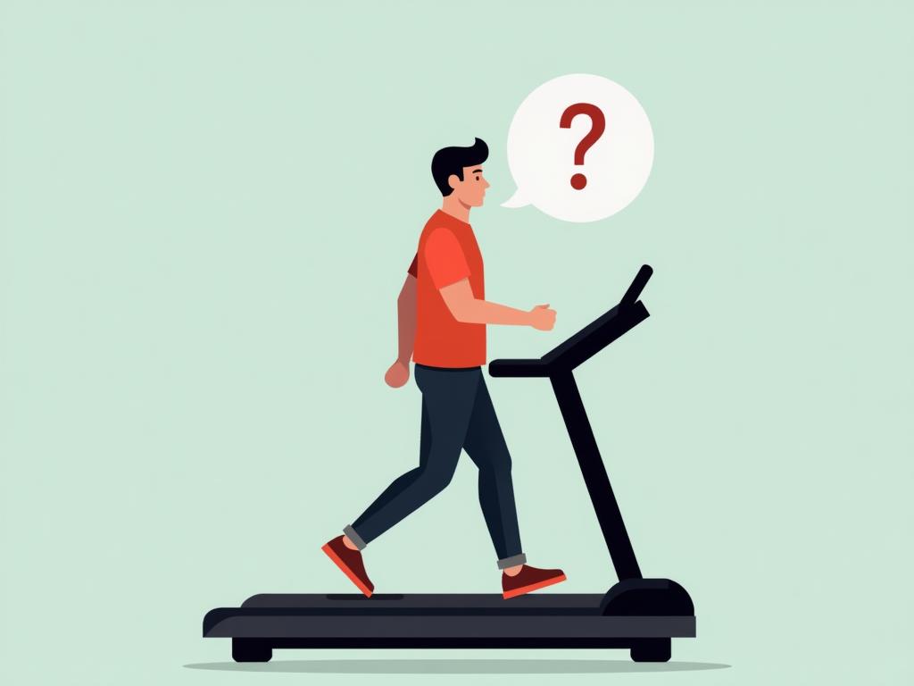 A person walking on a treadmill, with a question mark above their head.