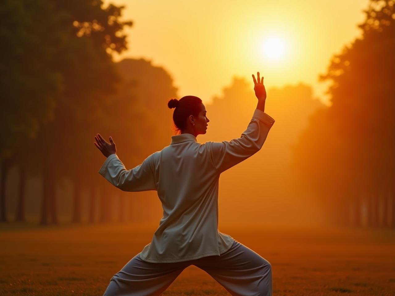 A person practicing Tai Chi in a park at sunrise, embodying the slow and deliberate movements of the ancient practice.
