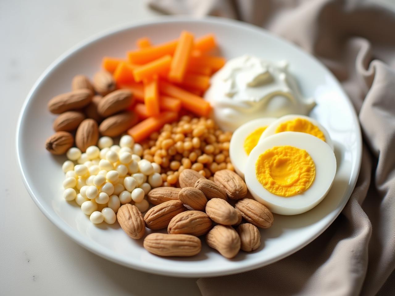 A plate of food with various sources of protein, such as eggs, yogurt, and nuts, with a focus on timing the consumption of protein for longevity.
