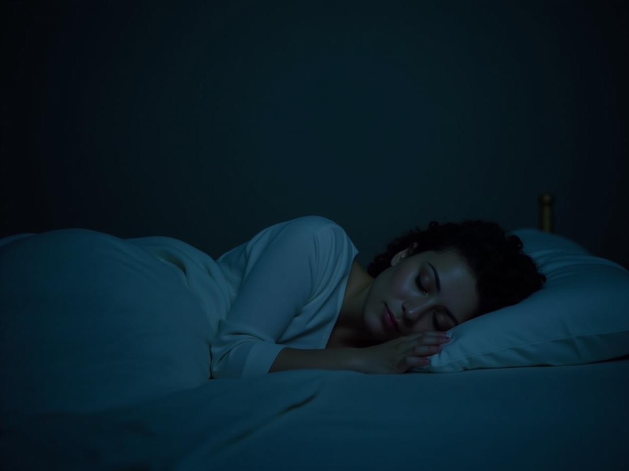 A serene image of a person sleeping peacefully in a dark, cool room, emphasizing the connection between sleep quality and blood sugar levels.