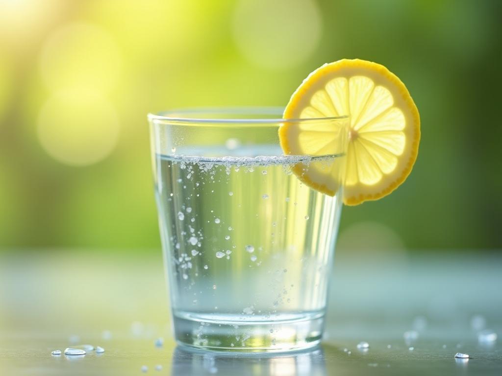 Close-up of a glass of water with a slice of lemon, symbolizing the purity and simplicity of water fasting, with a blurred background of a healthy, natural environment.