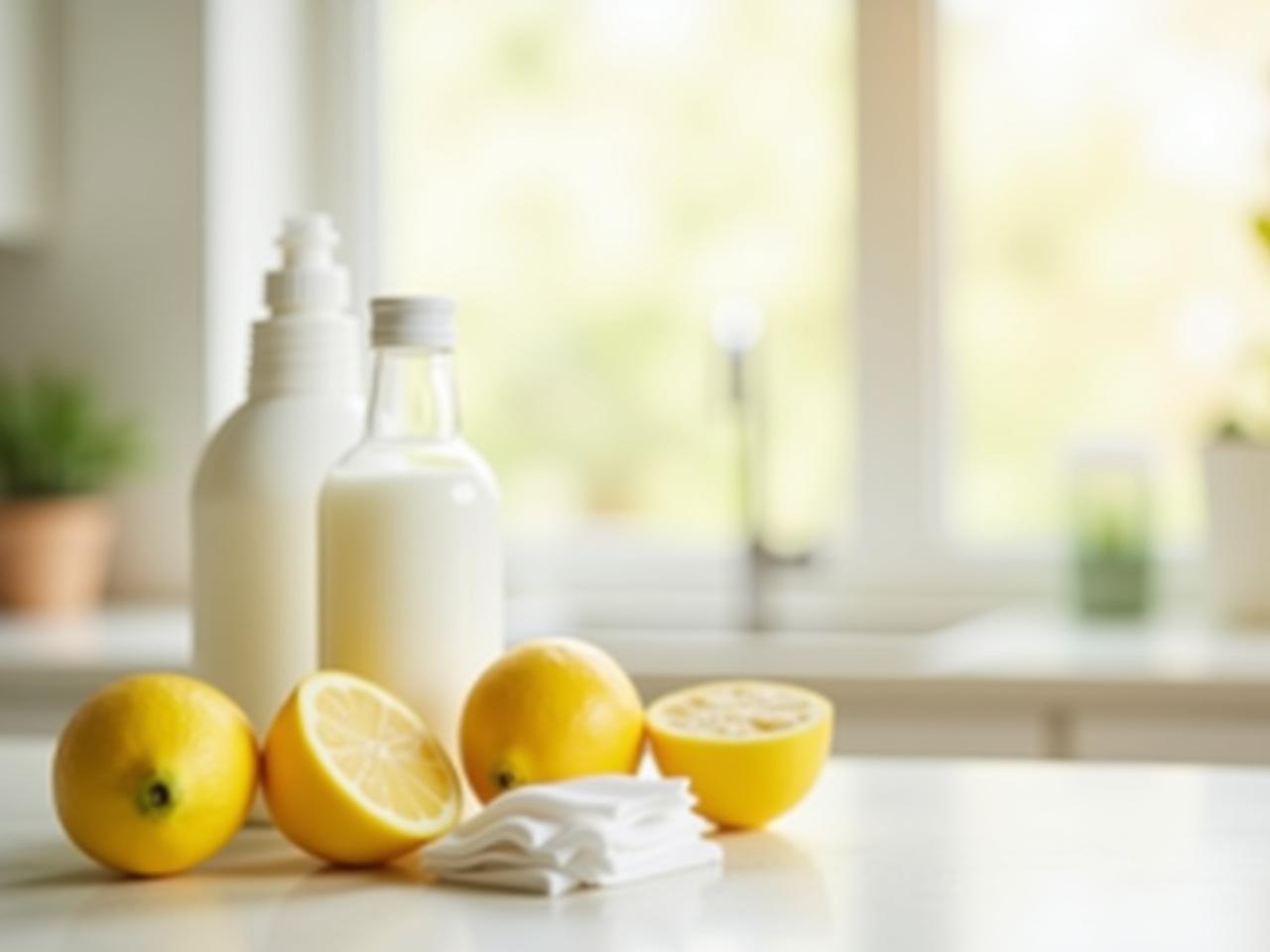 A bright and clean kitchen with various cleaning supplies like lemon, baking soda, and vinegar. The image emphasizes the simplicity and naturalness of the cleaning methods.