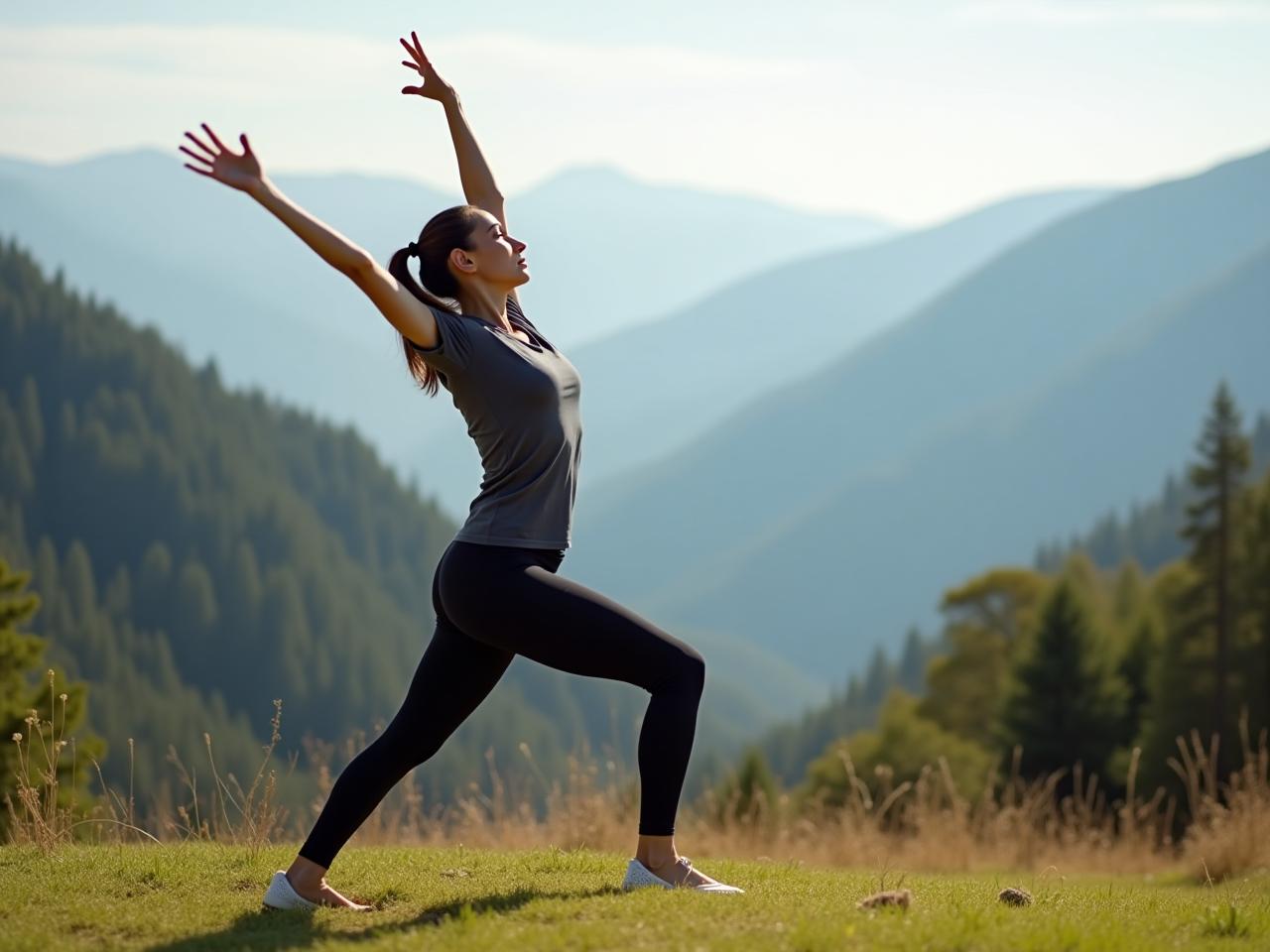 A person practicing a natural movement exercise outdoors, with a background of mountains and nature.