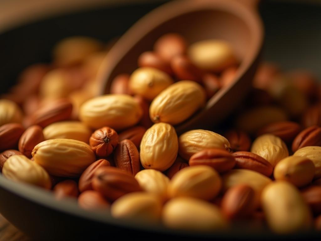 Close-up of a variety of nuts being lightly toasted in a pan, with a focus on maintaining their nutritional value for anti-aging benefits.