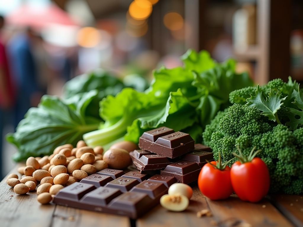 Close-up of various magnesium-rich foods such as leafy greens, nuts, and dark chocolate, arranged on a wooden table with a blurred background of a bustling market.