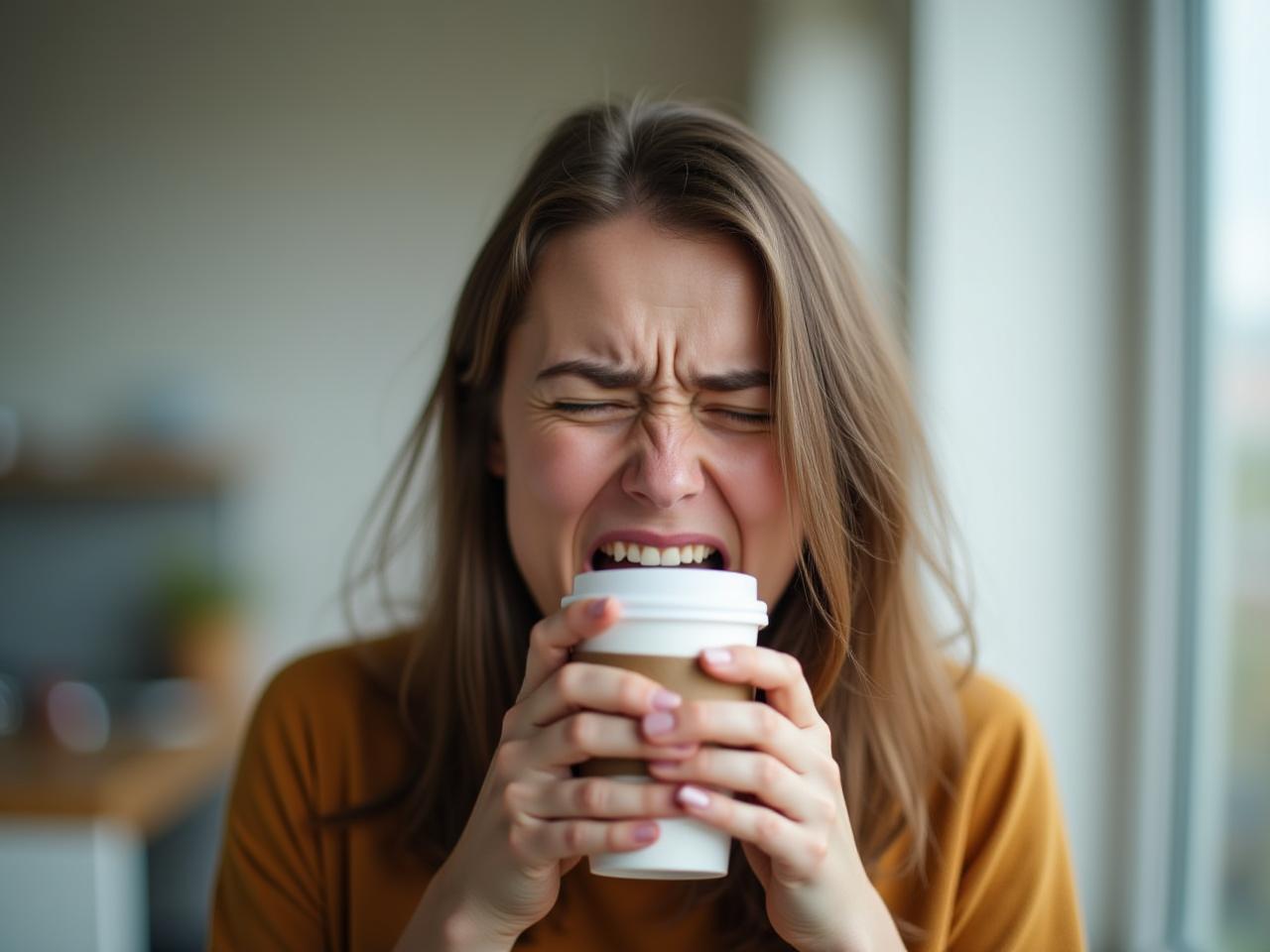 A person yawning while holding a coffee cup, representing jet lag