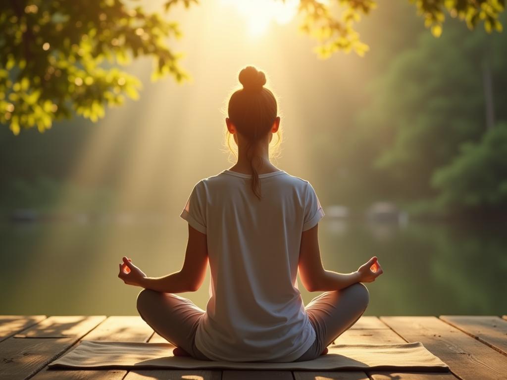 A person meditating in a peaceful setting, visualizing a strong and healthy immune system.