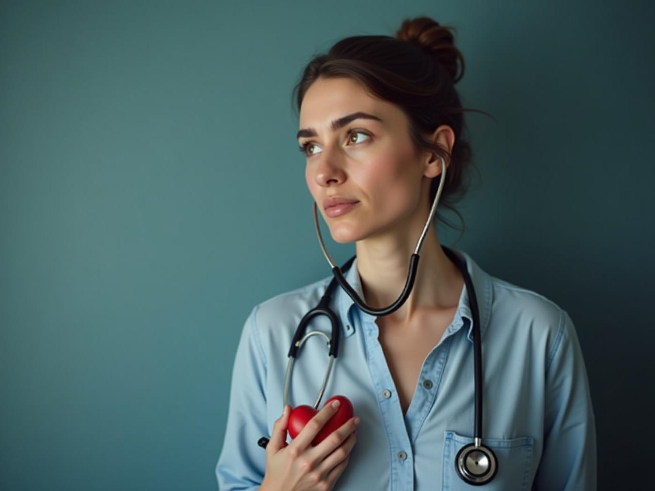 A person listening to their heartbeat with a stethoscope, looking thoughtful.