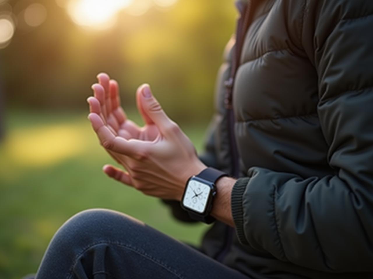 A person wearing a smartwatch while practicing mindful breathing outdoors.