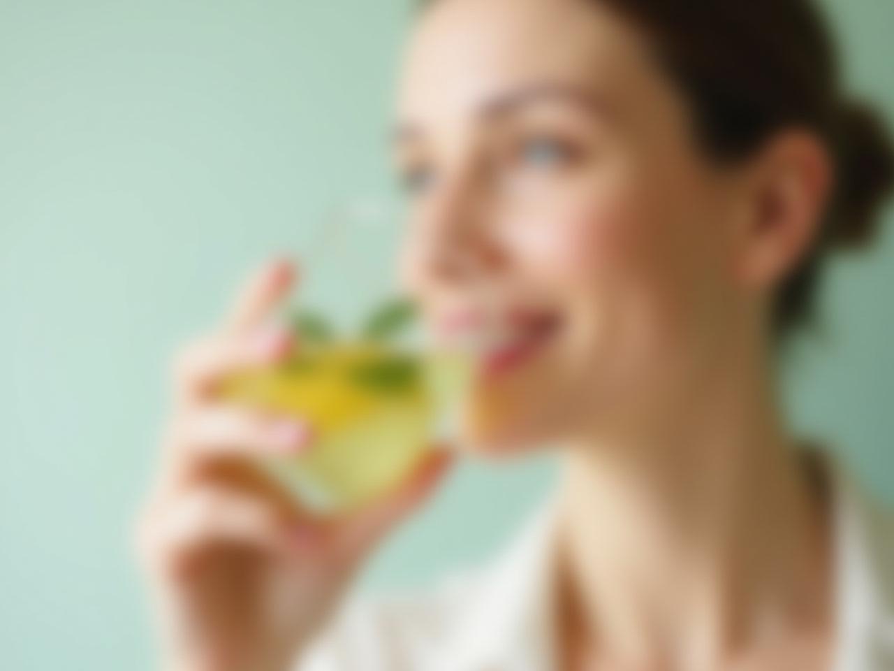A woman drinking water from a glass with lemon and mint, symbolizing hydration and anti-aging benefits.