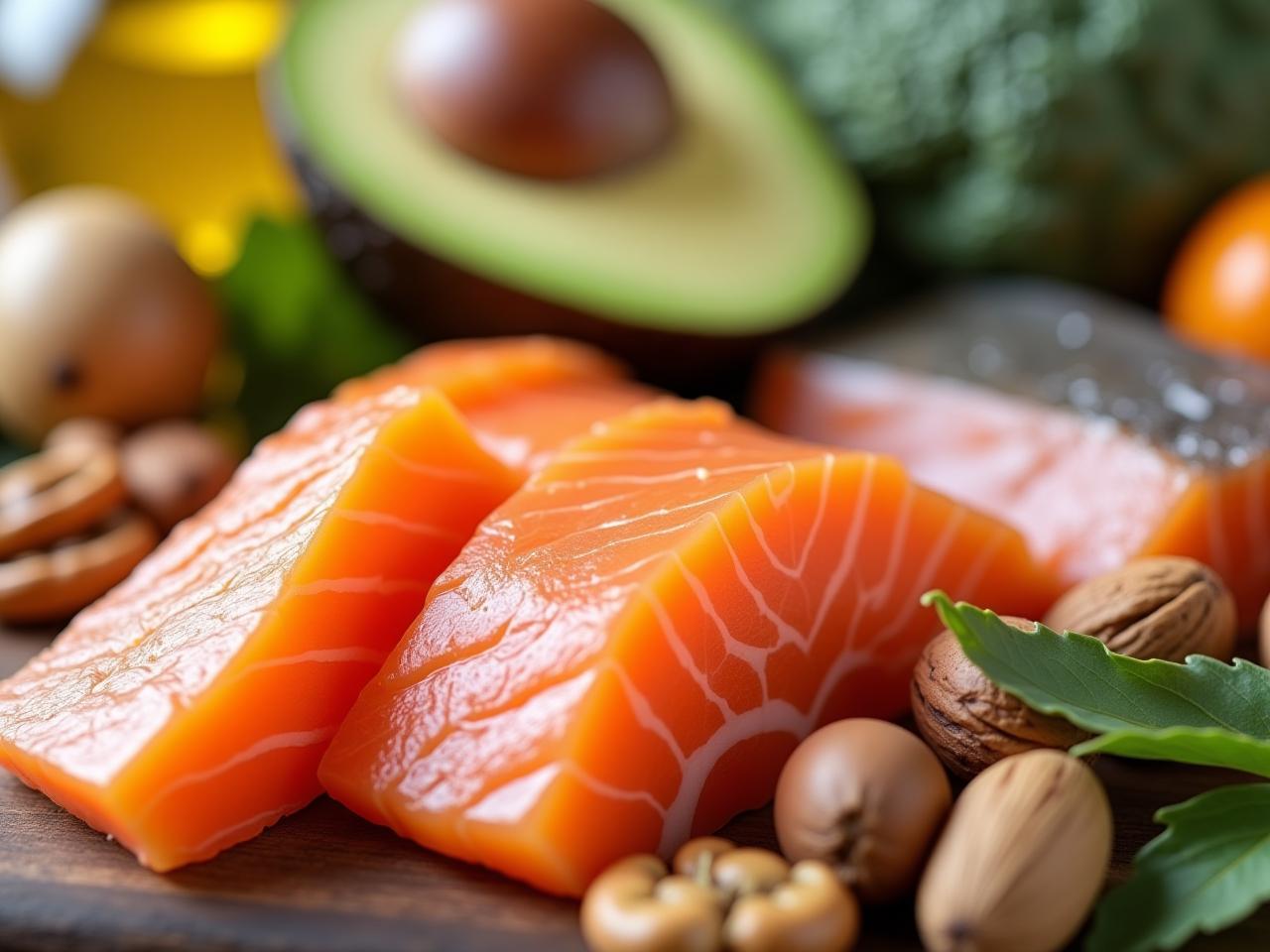 Close-up of various sources of healthy fats, including avocado, olive oil, nuts, and fatty fish, arranged in a vibrant, natural setting.