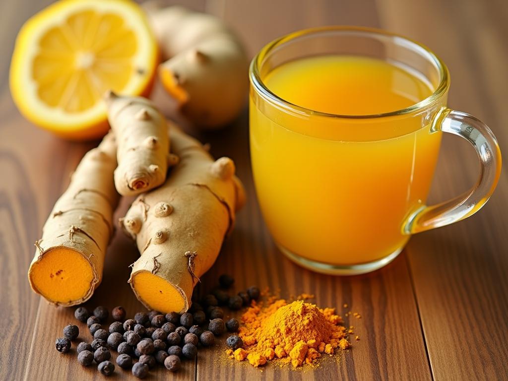 A photo of fresh turmeric root with black pepper corns next to a cup of turmeric tea with lemon and ginger slices.