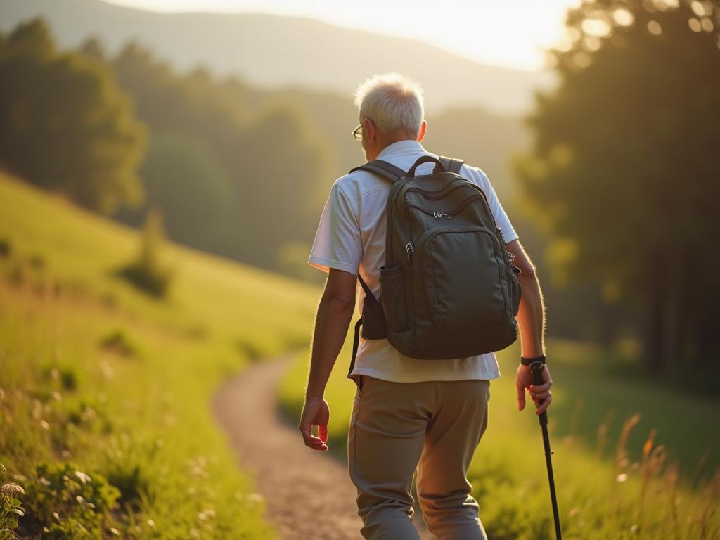 An older person with a healthy posture hiking in nature, symbolizing healthy aging and the benefits of movement under gravity.