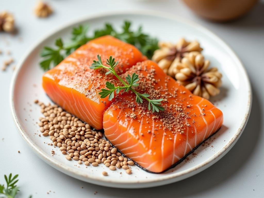 Image of a balanced plate with salmon, flax seeds, and walnuts, representing the ideal omega-3 to omega-6 ratio for Israeli diet.