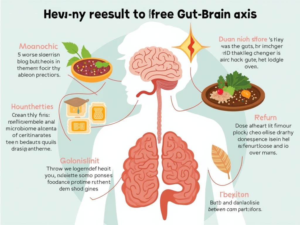 Illustration of the gut-brain axis, showing the connection between the gut microbiome and the brain, with images of probiotics and healthy food.