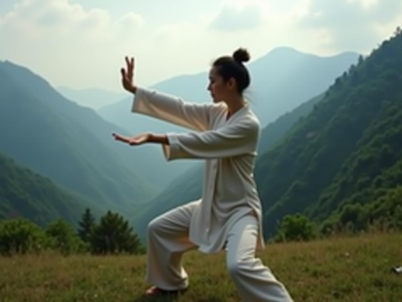 A person gracefully moving their arms in a circular motion during a Tai Chi practice, with a serene natural background of mountains and greenery.
