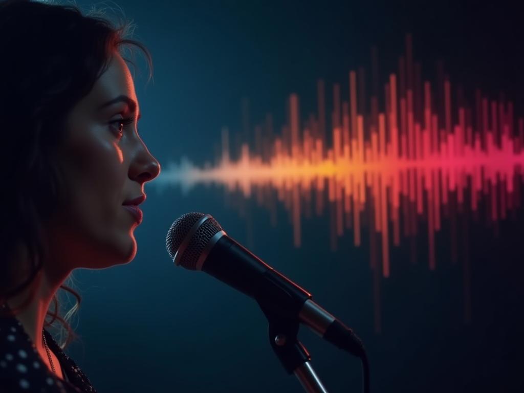 A close-up shot of a person speaking into a microphone, with sound waves visualized in the background. The colors of the sound waves change to represent different emotional states.