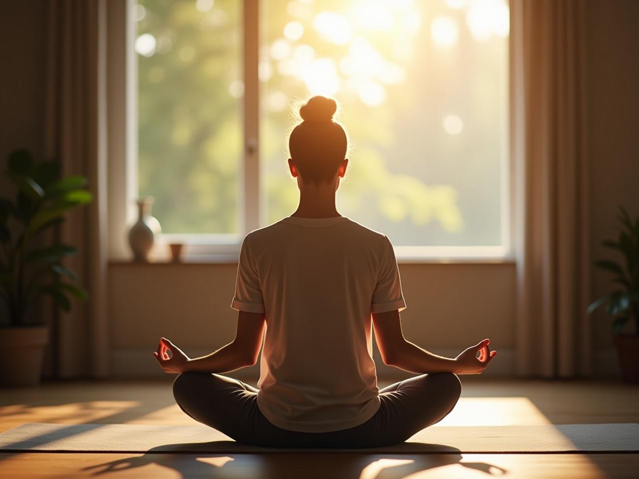 A person meditating in a calm environment, with natural light filtering through the window.