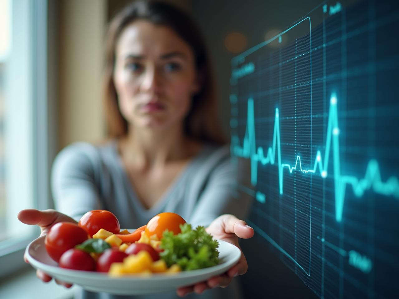 A person holding a plate of colorful food with a concerned expression, contrasted with a graphic showing data analysis and heart rate monitoring.