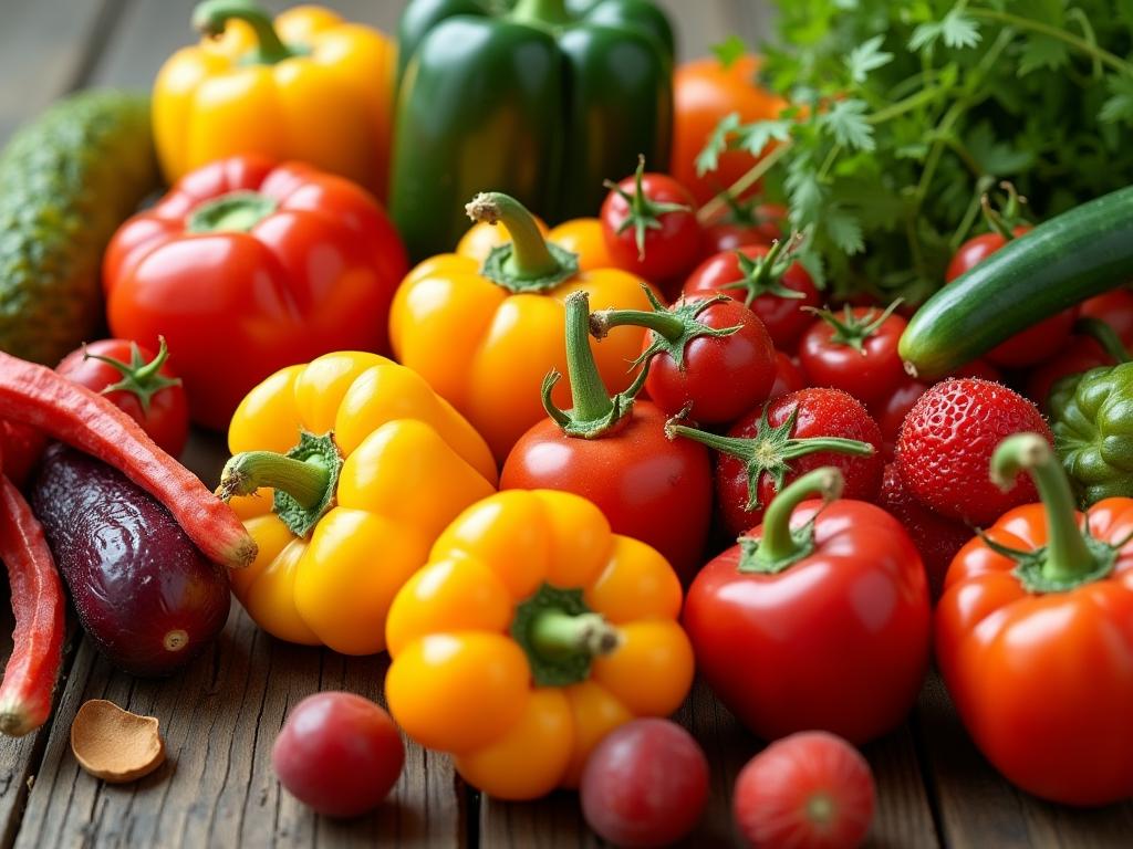 A close-up shot of various colorful fruits and vegetables arranged in a visually appealing way, symbolizing healthy eating and gut health.