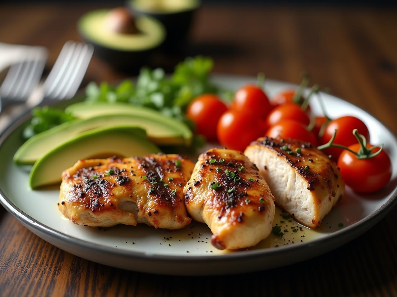 A plate of healthy dinner with grilled chicken, vegetables, and avocado, illustrating a low-carb evening meal.