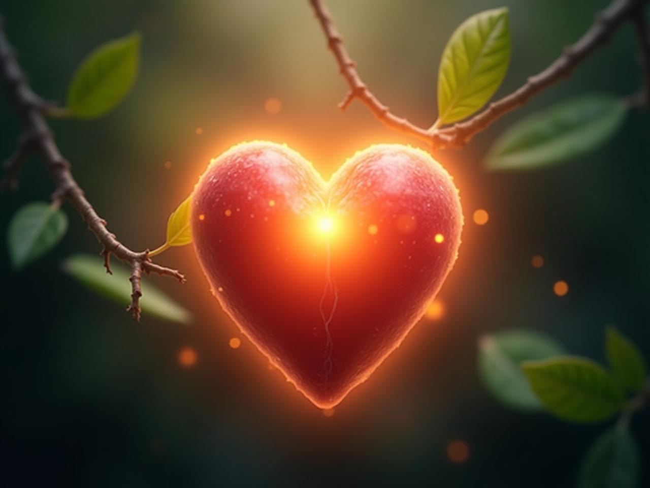 A close-up image of a healthy heart with a glowing aura, surrounded by peaceful nature elements.