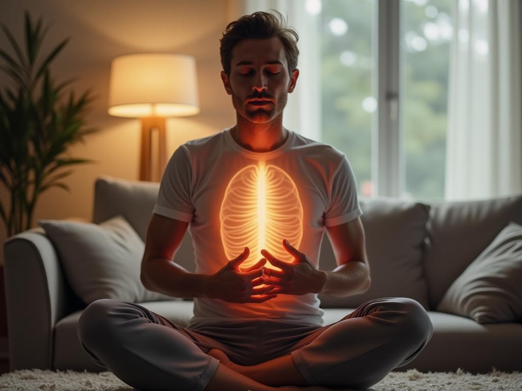 A person sitting comfortably and taking a deep breath, with hands on their stomach to feel the diaphragm moving.