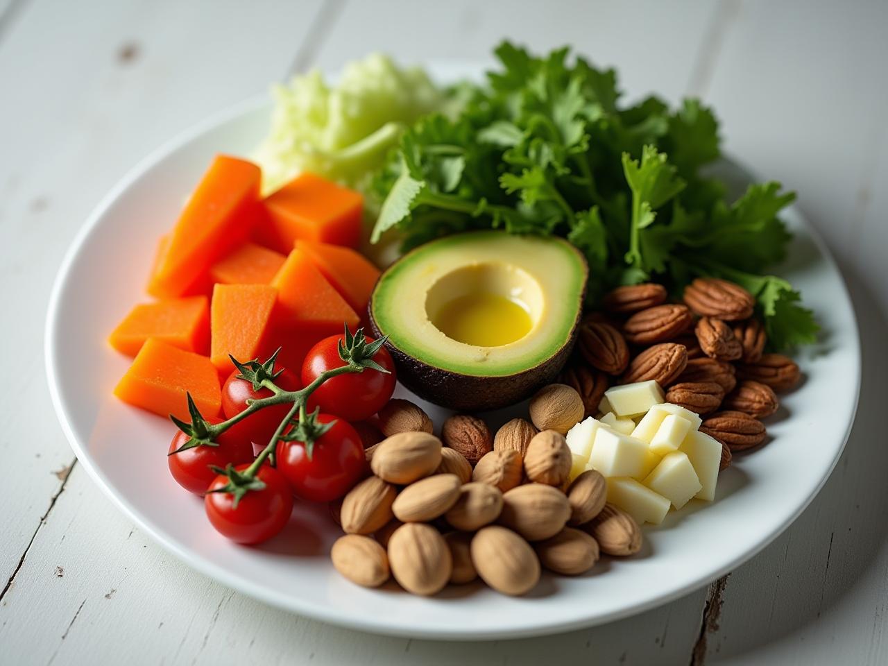 A plate of healthy food with vegetables, avocado, nuts, and olive oil, symbolizing a sugar-free diet.