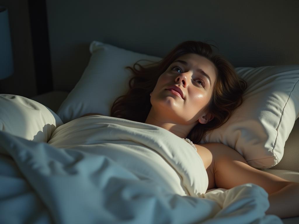 A person lying in bed, looking at the ceiling with a thoughtful expression.