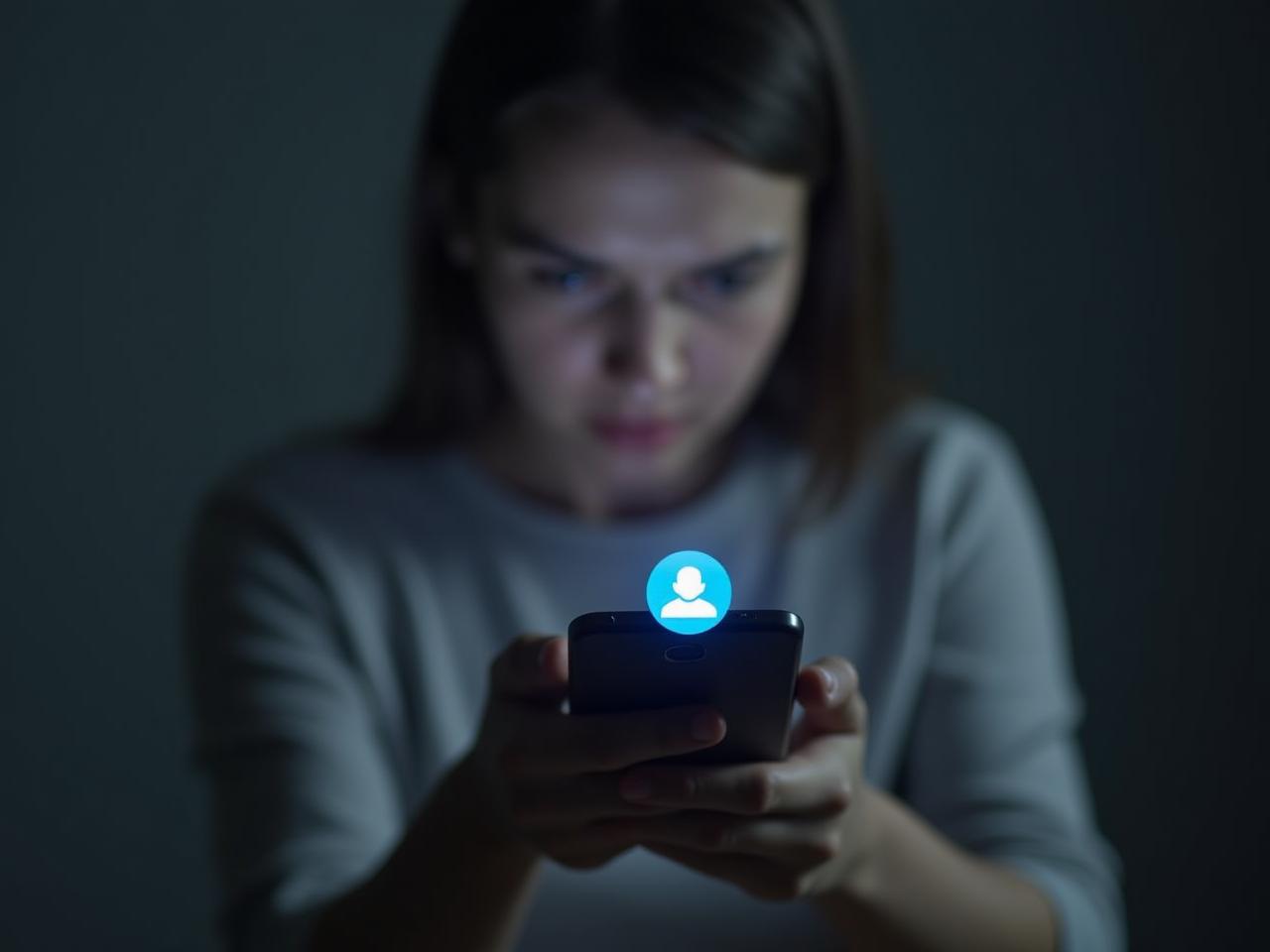A person looking at a phone screen with a blue notification icon, feeling anxious and overwhelmed.