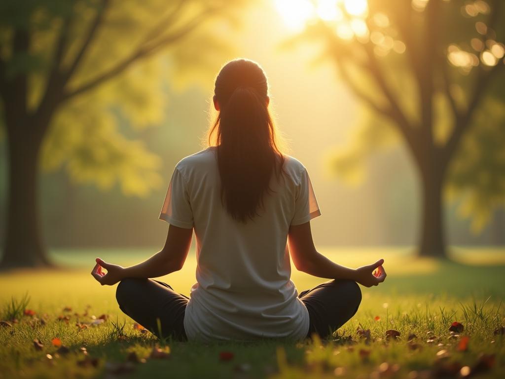 A person meditating peacefully in a natural setting, balancing stress with relaxation.