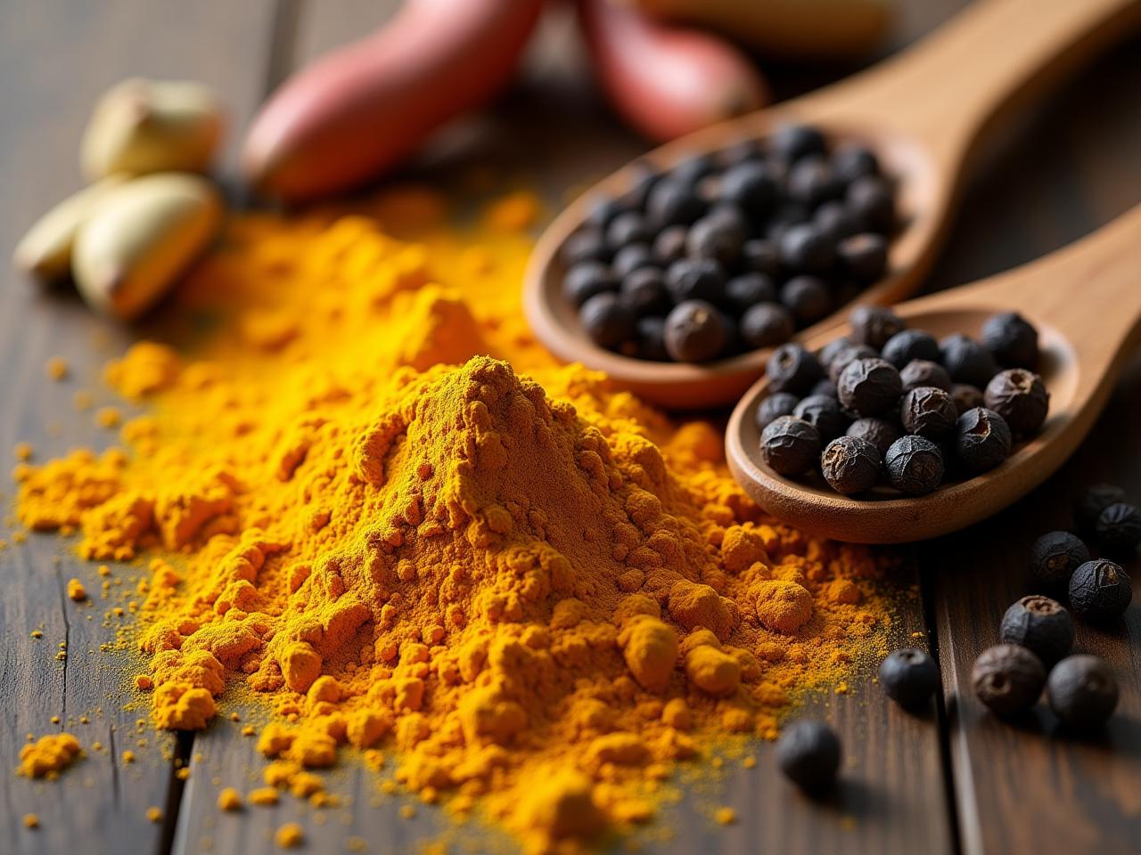 Turmeric powder and black peppercorns in wooden spoons.