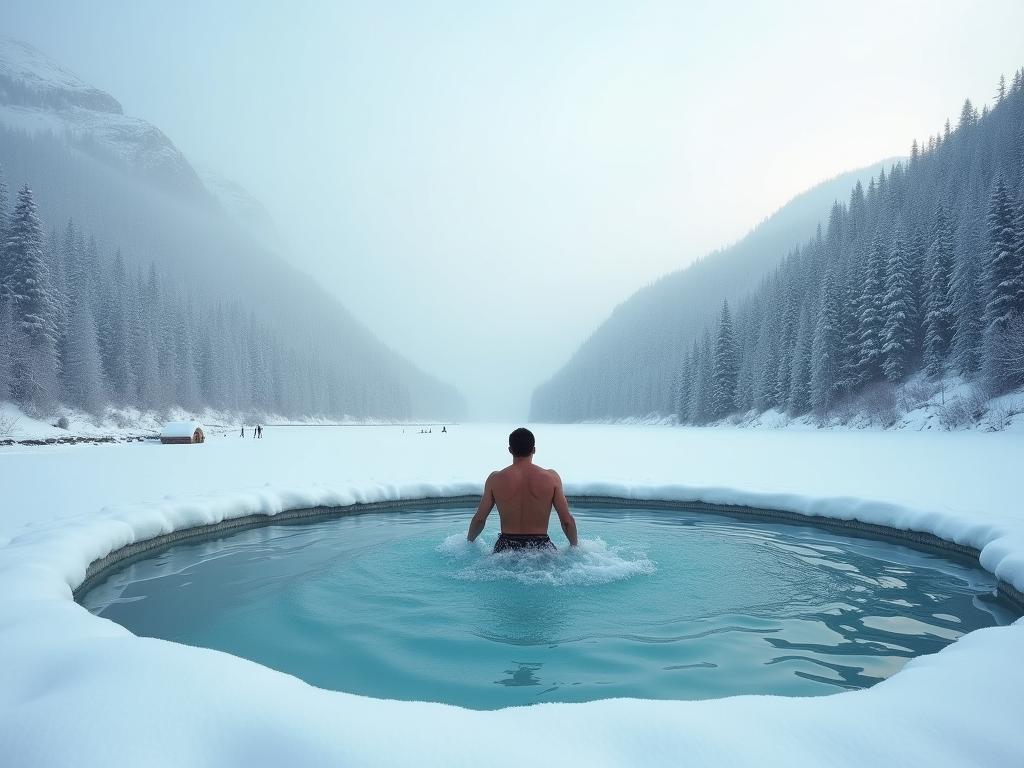 A person entering an icy lake after exiting a hot sauna in a snowy landscape.